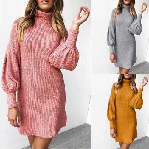 Womens Lantern Sleeve Dress Autumn Winter 2020 New Long Sleeve Solid Color Pullover Fashion Casual Loose Hip Skirt Plus Size