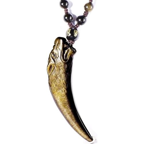 Gold Obsidian Wolf Teeth Necklace Pendant Jade Pendant Lucky Pendants With Gold Beads Chain Jade Jewelry