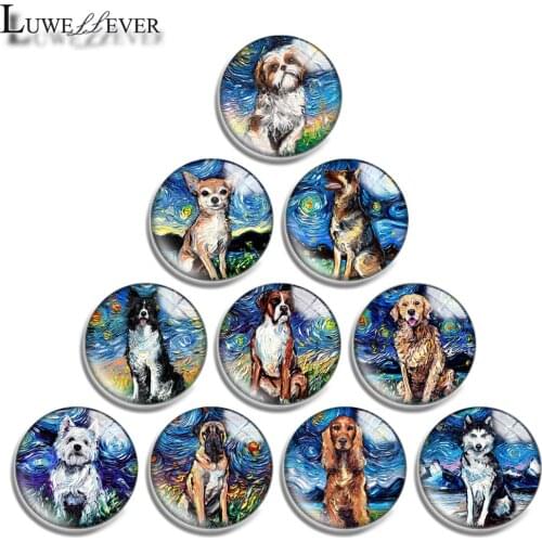 10mm 12mm 16mm 20mm 25mm 30mm 40mm 708 Painting Dog Mix Round Glass Cabochon Jewelry Finding 18mm Snap Button Charm Bracelet