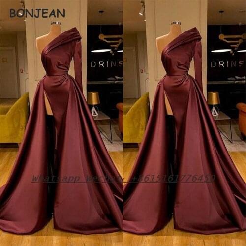 2021 Burgundy Evening Dress Long Sleeve One Shoulder A Line Lace Up Satin Evening Prom Party Gowns