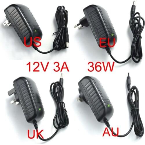 50PCS 12V 3A High quality IC solutions DC12V3A Switch power supply 36W LED power adapter, EU /US /AU /UK plug 5.5mm x 2.1-2.5mm