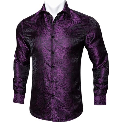 Barry.Wang Purple Paisley Floral Silk Shirts Men Autumn Long Sleeve Casual Flower Shirt For Men Designer Fit Dress Shirt BCY-09