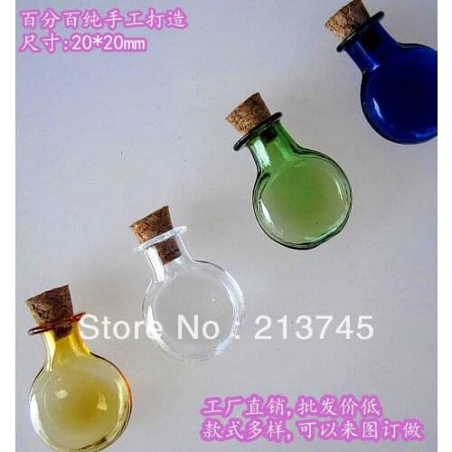 Free shipping 100pcs/lot cute ball mixed color 20mm cork Wish Mini glass Bottle Perfume essential oil vial pendant