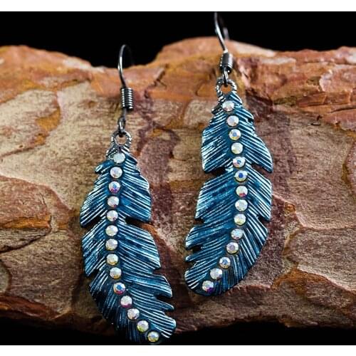 Bohemian Handmade Metal Blue Feather Earrings Vintage Ethnic Rainbow Rhinestone Hook Dangle Earrings Pendientes Mujer Z3D394