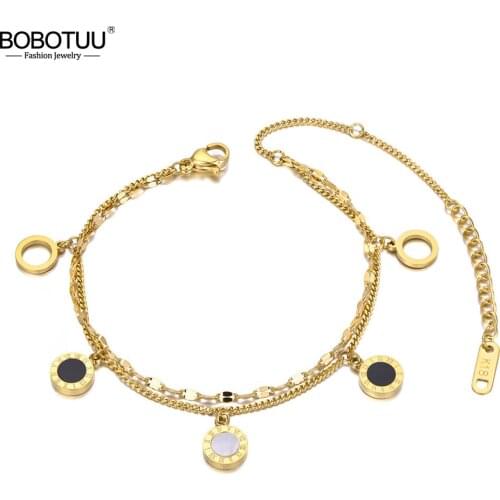 BOBOTUU Vintage Stainless Steel Bohemia Shell Acrylic Chain Link Bracelets For Women 5Pcs Roman Numerals Charm Bracelet BB20145