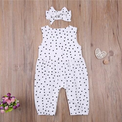 Baby Girl Summer Romper Polka Dot Print Sleeveless Jumpsuit Bow Headband Toddle Fashion White/Pink Clothing