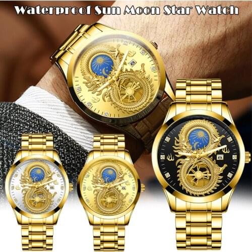 Dragon Phoenix Mens Luxury Business Watch Moon and Star Glow in the Dark Calendar Gold Plated Waterproof TT@88