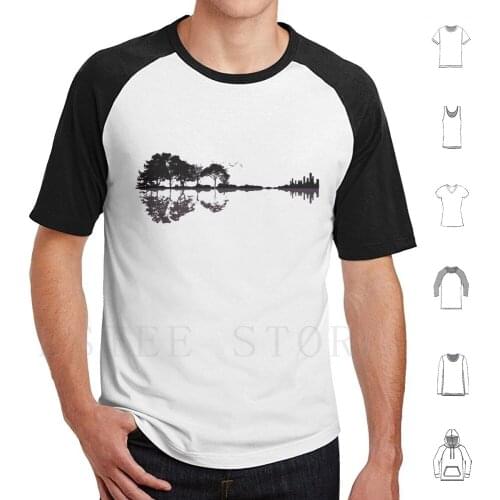 Nature Guitar T Shirt Print Cotton Guitar Nature Tree Trees Silhouette Artistic Landscape Lake Ocean Water Bird Animals Music