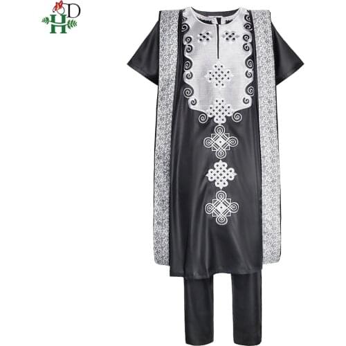H&D African Agbada For Men Robe Shirt Pants 3 PCS Set 2020 New African Dashiki Embroidery Ensemble Homme Wedding Fashion Attire