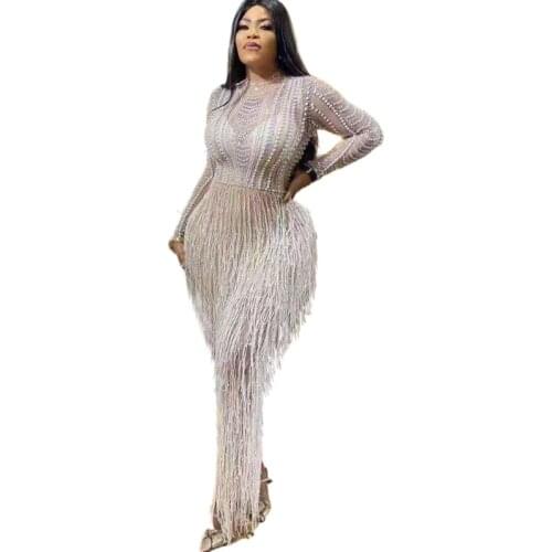 Sparkly Rhinestone Pearl Fringes Long Dress Women Evening Prom Party Birthday Dresses Sexy Tassel Stage Costume Luxury Outfit