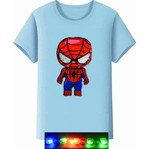 Disney Summer Cartoon Printed Color Sequins Luminous LED Boy Spider-Man T-shirt Cotton Short Sleeve Top