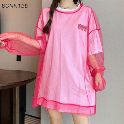 Hot Sale T-shirts Women Summer Sheer Top Sexy All-match Basic Sun-proof Mesh Long Sleeve Girls Streetwear College Teens Tees Ins