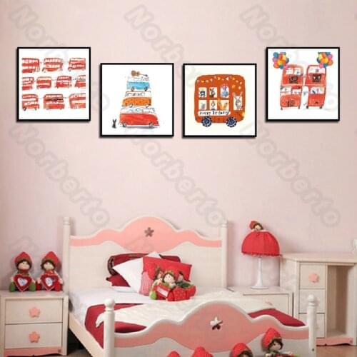 Cartoon Birthday Buses Canvas Painting Wall Poster Many Passengers Cat Dog Rabbit Fox Tiger Lion Ready for Home Rooms Decoration