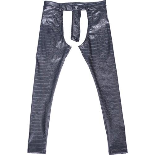 Men Pencil Pants 3D Intaglio Printing Crocodile Grain Leggings Hollow Out PU Leather Pant Black Gothic Skinny Motorbike Trousers