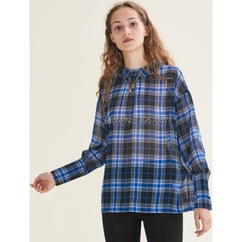 2019 Newest Women Gingham Checkered Shirt Top With Elastic Neckline - Ladies Lapel Long Sleeve Loose Gingham Plaid Blouse Shirt