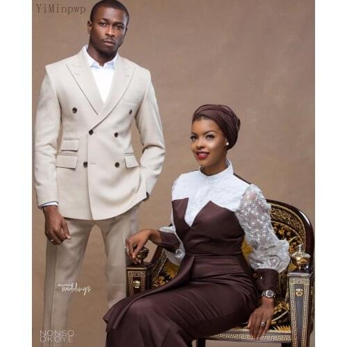 YiMinpwp Beige Men Suits Peaked Lapel Double Breasted Blazer Jacket Men Wedding Suit Formal Business Suit 2 Piece Coat Pant