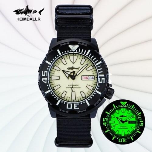 Heimdallr Full Luminous PVD Coated Sharkey Monster Watch 200m Waterproof Automatic Sapphire NATO Strap Mechanical Wristwatches