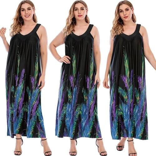 Plus Size 4XL Summer Women Sleeveless Maxi Dress Feather Print Kaftan Wide Strap Long Holiday Party Sundress Boho Caftan Vestido