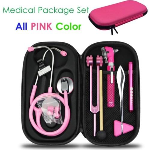 Medical Health Monitor Storage Case Pouch Kit Pink with Stethoscope Otoscope Tuning Fork Reflex Hammer LED Penlight Torch Tool