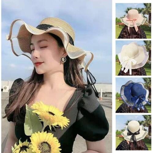 Spring & Summer New Bowknot Big Brim Floppy Girls Straw Hat Elegant Sun Caps Fashion Shading For Women Beach Protection Hat U8B1
