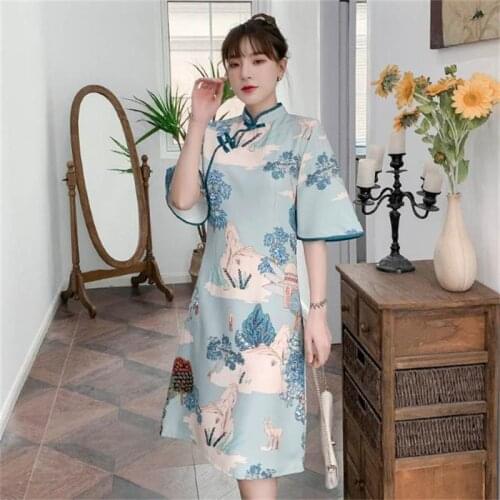 French Style A-line Cheongsam Summer Loose Temperament Printing Qipao Women Sexy Improved Design Chinese Traditional Clothes