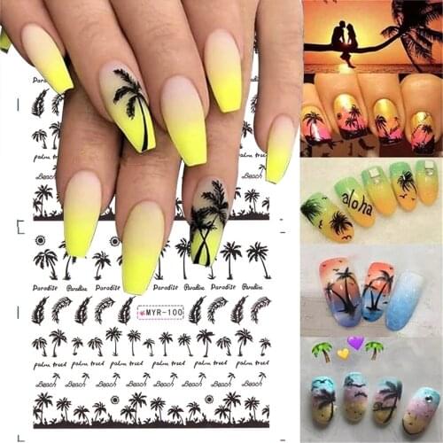 Tropical Style Palm Tree Design Nail Stickers Art Coconut Tree Water Transfer Paper Nail Decals Manicure DIY Nail Art Decoration