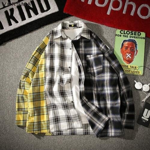VERSMA 2019 Korean Harajuku SUGA Plaid Patchwork Shirts Men Women Spring Hip Hop Swag Oversized BF Unisex Shirt Men Dropshipping