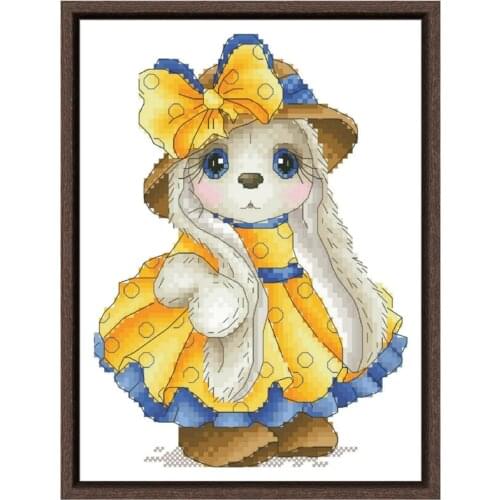 Rabbit in yellow dress cross stitch package cartoon animal 18ct 14ct 11ct cloth cotton thread embroidery DIY handmade needlework