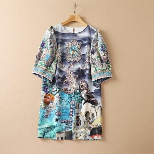 European and American womens wear new autumn 2022 5 minutes of sleeve Nail bead Vintage castle print Fashion dress