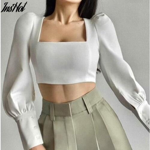 Square Collar White Tunic Women Blouse Shirt Female Elegant 2021 Summer Sexy Puff Sleeve Tops Ladies Office Lace Up Blouses