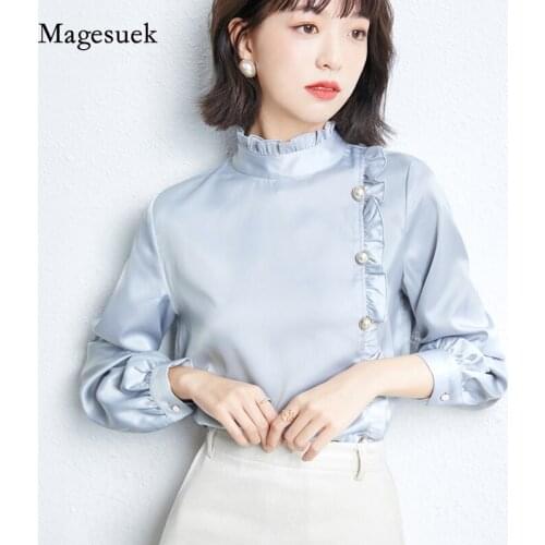 Korean Spring Chiffon Shirt Elegant Stand Collar Ruffled Ladies Shirts Long Sleeve Buttons Tops Loose Slim Blouse Women 13201