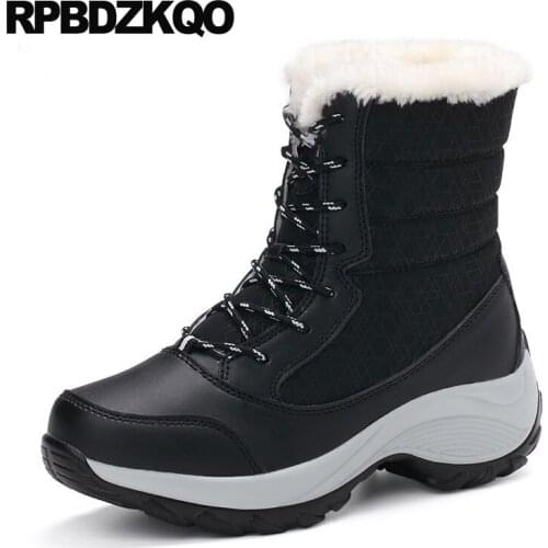 Lace Up Shoes Casual Fur Big Size Winter Snow Boots Wedge Waterproof Round Toe Elevator Women Short 2021 Platform Black Ankle