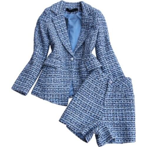 Fashion Plaid suit women spring summer New high quality Tweed lined suit + wide leg pants shorts two-piece suit women