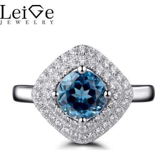 Leige Jewelry London Blue Topaz Ring for Women Double Halo Wedding Engagement Rings Silver 925 Fine Jewelry Round Cut Gemstone