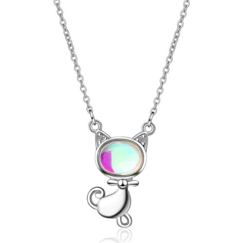 KOFSAC New Fashion 925 Sterling Silver Necklace Cute Cat Shining Crystal Necklaces For Women Valentines Day Party Jewelry Gifts