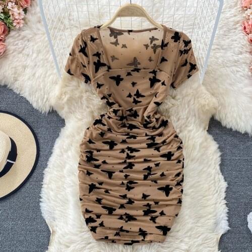 Summer New Chic Womens Dress Square Collar Short Sleeve Mesh Butterfly Print Slim Fit Ruched Mini Bodycon Sexy Party Dresses