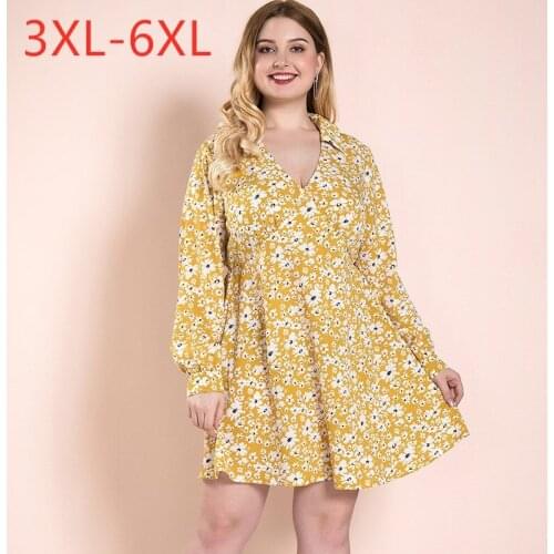 Female spring autumn plus size mini dress for women large loose casual long sleeve V neck floral short dresses 4XL 5XL 6XL 7XL