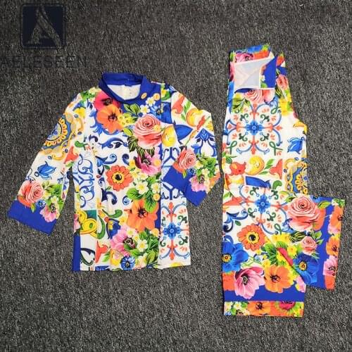 AELESEEN Casual Women Sets Fashion 2020 Spring Flower Flare Sleeve Print Turtleneck Blouse+Prairie Chic Loose Pant 2 Piece Set