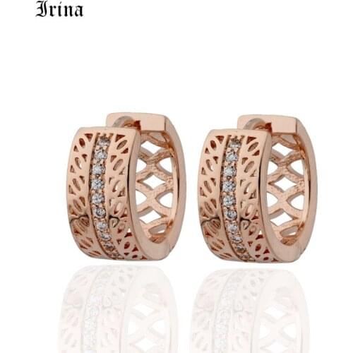 Irina Hollow Out Round 585 Rose Gold Earrings with AAA CZ Fashion Circle Round Earring Brinco Zirconia