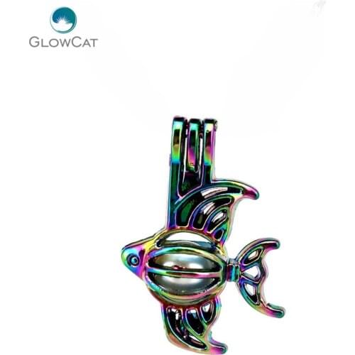 C82 5pcs/lot Rainbow Color Ocean Sea Fish Cage Pendant Pearl Locket Fairytale Party Essential Oil Diffuser
