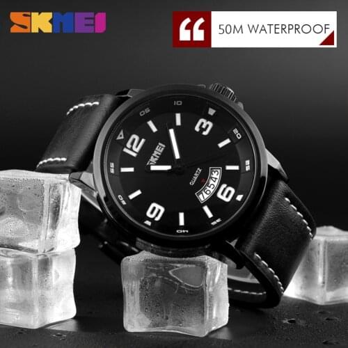 SKMEI Fashion Mens Watches Top Brand Luxury Watch Men Leather Strap 3Bar Waterproof Quartz Wristwatches relogio masculino 9115