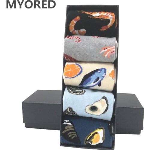 MYORED 5 pair/lot mens colorful dress socks long combed cotton sea food patterned novelty socks