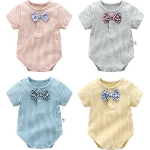 Baby Clothes Newborn Infant Baby Girls Boys Romper Summer Cotton Bow Ribbed Short Sleeve Unisex Bodysuits For a 0 To 24 Months