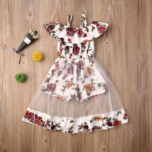 Toddler Kid Baby Girl Romper Dress Ruffles Off Shoulder Suspenders Princess Lace Floral Print Party Tutu Mesh Casual Dresses