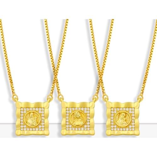 FLOLA Yellow Gold Plated Virgin Mary Necklace For Women CZ Zirconia Jesus Necklace Catholic Jewelry virgen de guadalupe nkev29