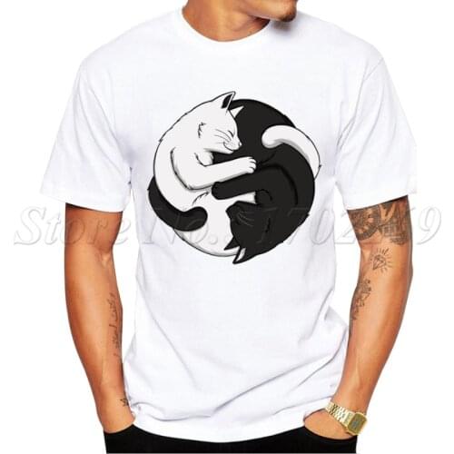 Yin Yang Cats Design 2019 Newest Men t-shirt Summer Fashion White & Black Cat Hug Printed Tee Shirts Short Sleeve Hipster Tops
