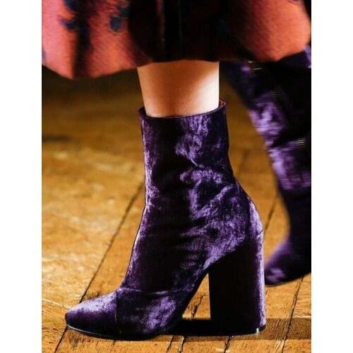 Hot selling purple velvet runway high heel boots pointed toe thick heels woman boots winter ankle boots for woman size 35-42