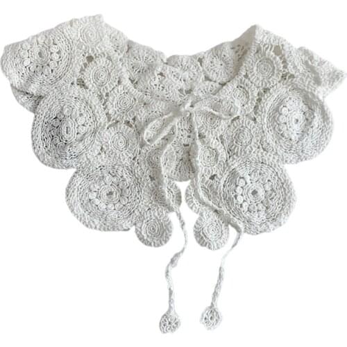 H9ED Vintage Crochet Knit Shawl Wrap Scarf Circle Pattern Solid Color Decorative Fake Collar Necklace Lace-Up Mini Jacket