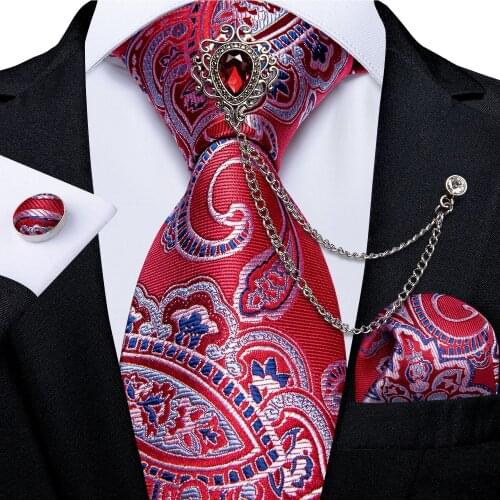 Classic 8cm Ties For Men 100% Silk Business Wedding Neck Tie Handkerchief Set Red Paisley Ties For Men Party Cravat Gift DiBanGu
