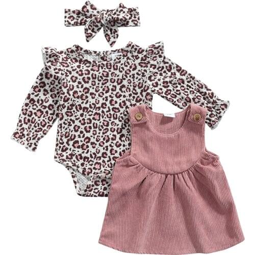 3Pcs Baby Girls Outfit Set Autumn Leopard Print Fly Long Sleeve Round Collar Romper + Solid Color Corduroy Skirt + Headwear
